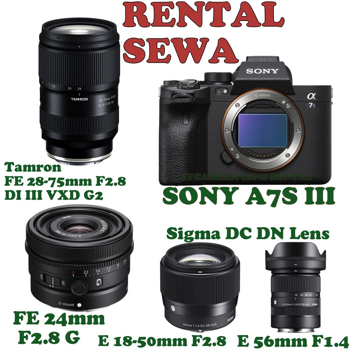 AVAILABLE AT FFCAMERA LENS RENTAL - Sony A7S III - Sony FE 24mm F2.8 G - Tamron FE 28-75mm F2.8 DI III VXD G2 - Sigma E 18-50mm F2.8 DC DN - Sigma E 56mm F1.4 DC DN