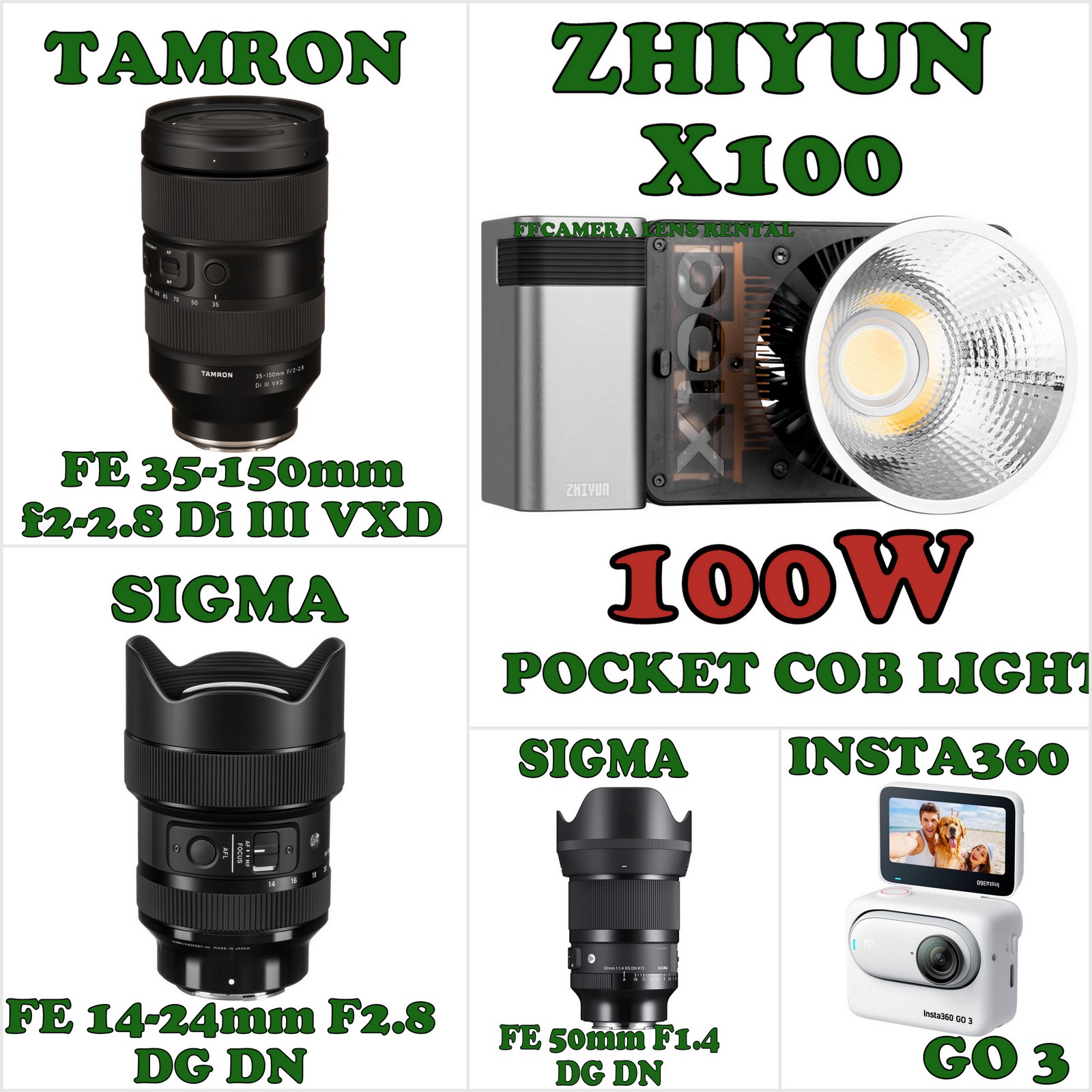 July new item available for rental. - Tamron FE 35-150mm F2-2.8 - Sigma FE 14-24mm F2.8 DG DN - Sigma FE 50mm F1.4 DG DN - Zhiyun X100 Pocket size COB light 100W Pro - Insta360 GO 3