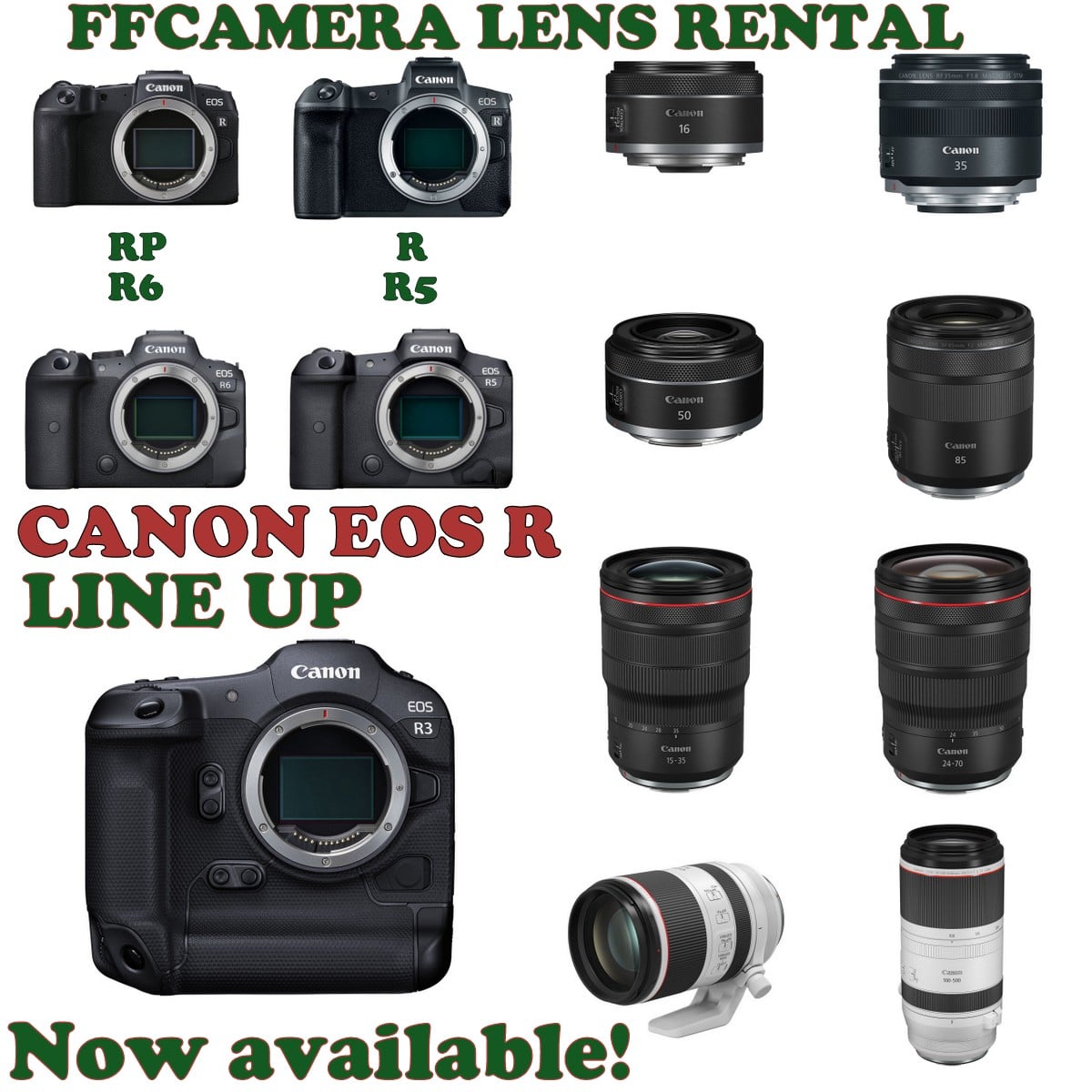 NOW AVAILABLE AT FFCAMERA LENS RENTAL R3 R5 R6 R RP RF 15-35mm F2.8 L IS RF 24-70mm F2.8 L IS RF 70-200mm F2.8 L IS RF 100-500mm F4.5-7.1 L IS and more PM for more info or refer pricelist