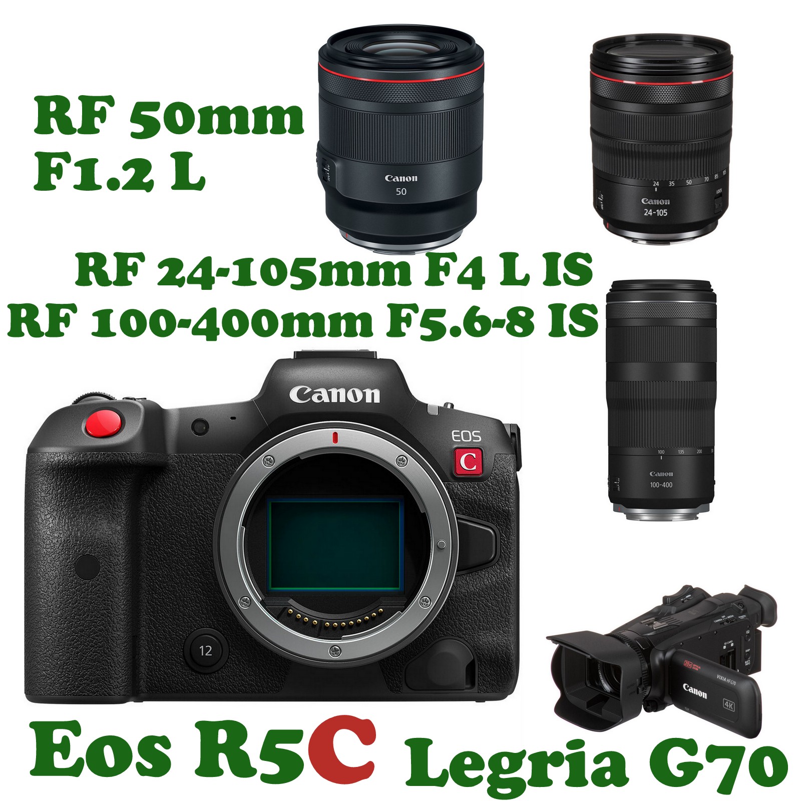 Now available at FFcamera Lens Rental Canon R5C RF 50mm F1.2 L USM RF 24-105mm F4 L IS USM RF 100-400mm F5.6-8 IS USM Legria HF G70 Camcorder 013-500 4477